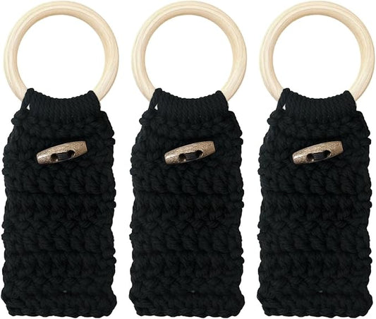 Aerbee Macrame Towel Holder Ring, 3PCS Kitchen Towel Hooks for Kitchen & Bathroom, Decorative Boho Style Kitchen Oven Towel Hanger Loop Ring, Unique Gift for Christmas, Black