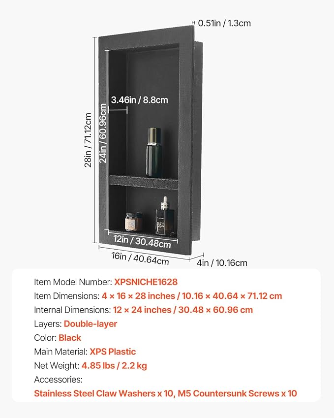 VEVOR Shower Niche, 16 x 28 x 4 inch Recessed Wall Niche with Movable Divider Shelf, Modern Soap & Shampoo Storage Organizer, Square Corners, Sealed Waterproof Design, Black for Bathroom Shower