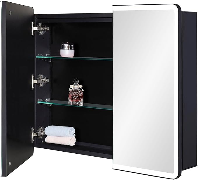 IDYLLOR Lighted Bathroom Medicine Cabinet with Round Corner Framed Mirror Door 30 x 25.6 inch, Recessed or Surface Mount, with Adjustable Glass Shelves