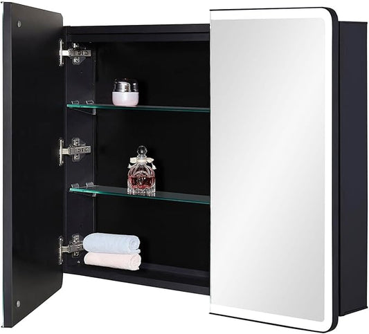IDYLLOR Lighted Bathroom Medicine Cabinet with Round Corner Framed Mirror Door 30 x 25.6 inch, Recessed or Surface Mount, with Adjustable Glass Shelves