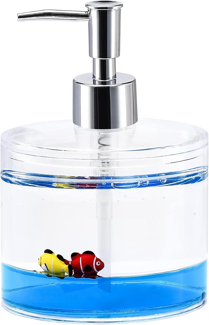 Locco Decor 5 Piece Acrylic Liquid 3D Floating Motion Bathroom Vanity Accessory Set Ocean Cartoon Animal Theme Nimo Fish Toothbrush Holder, Tumbler, Soap Dispenser, Soap Dish, Toiletbrush Holder Set