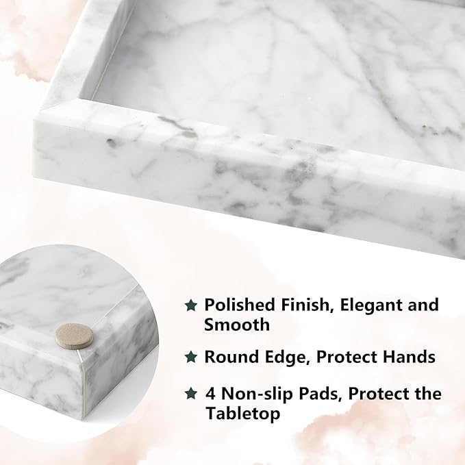 Real Natural Small Marble Tray for Bathroom, Vanity, Kitchen and Desktop, Rectangle Genuine Marble Stone Tray for Jewelry, Cosmetics, Candles, Lotion, Perfume and Home Decor (White, 12" x 5" x 1.2")