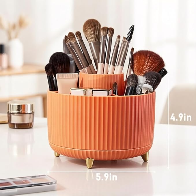 Makeup Brush Holder,360° Rotating Makeup Brush Organizer,5 Slot Make up Brushes Cup for Cosmetics,Large Capacity,For Nail Polish, Art Supply, Bathroom Vanity,Cosmetics Organizer,Orange