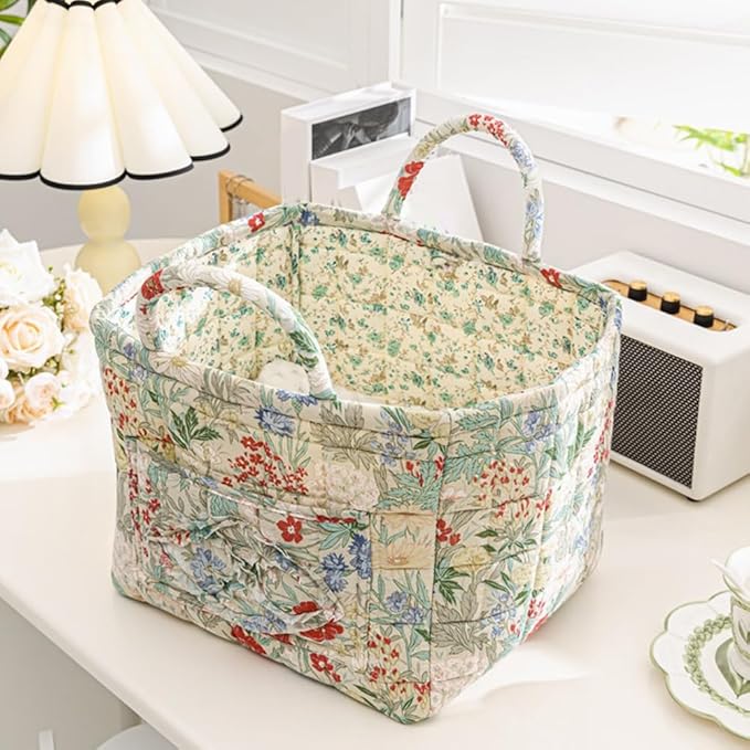 Quilted Fabric Storage Basket Boho Floral Laundry Hamper with Handle Foldable Floral Basket Organizer for Car Bedroom
