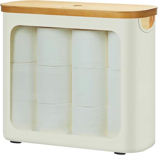 Toilet Paper Storage with Lid, Large Toilet Paper Holder for up to 12 Rolls, Free Standing Bathroom Storage Organizer with Lid, Beige