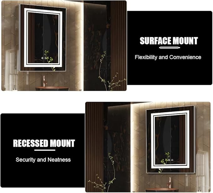 High-End Led Medicine Cabinet,Lighted Medicine Cabinet,3 Colors&Dimmable,Demister,Lighted Glass Shelf,USB Shaver Socket.Surface Mount or Recess Mount,20×28inch