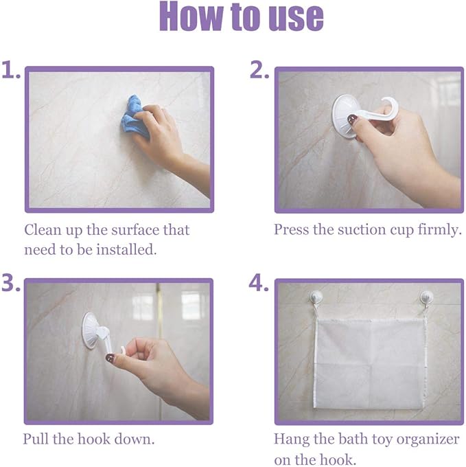 TTSAM Bath Toy Organizer Mesh Storage Organizer Baby Shower Toys Bathtub Net Bag Kids Quick Dry Bathtub Mesh Net Bathtub Toy Holder 2 X Bathroom Storage Bag & 6 X Strong Suction Hooks (White)