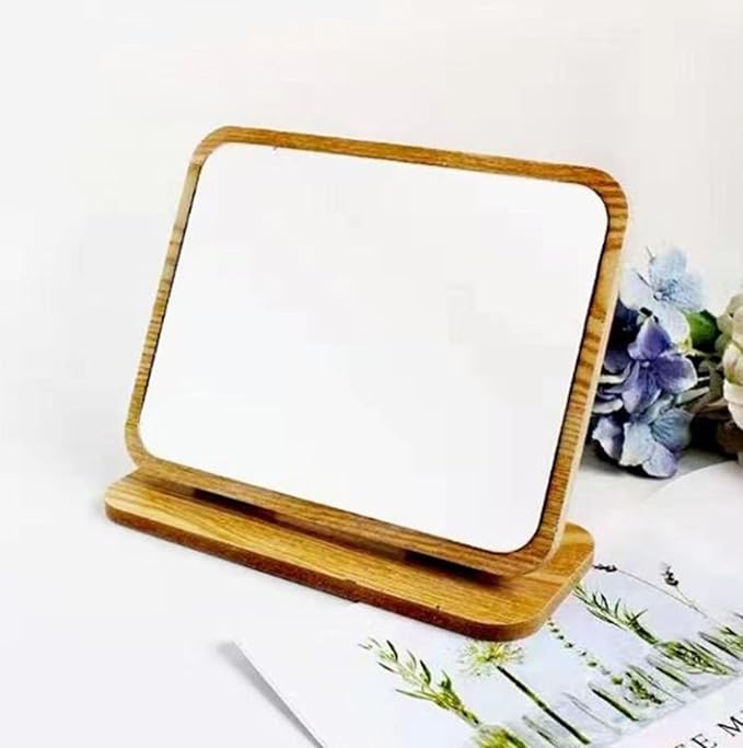 Rectangular Compact Table Mirror - Wood Frame, 90 Degree Rotation, Back Stand