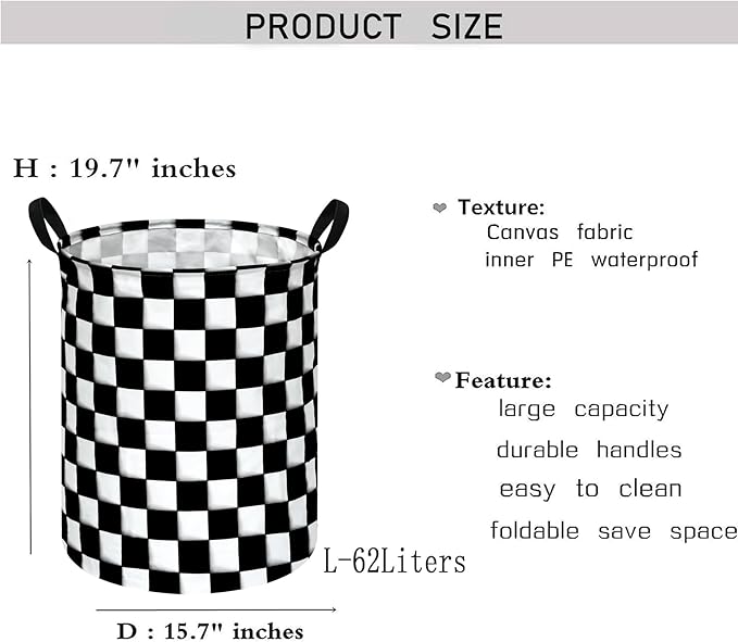 KUNRO Round Black-white Checker Laundry Gift Basket Storage Hamper, Clothes Storage Organizer Bins, Shelf Basket with Handles for Room Decor