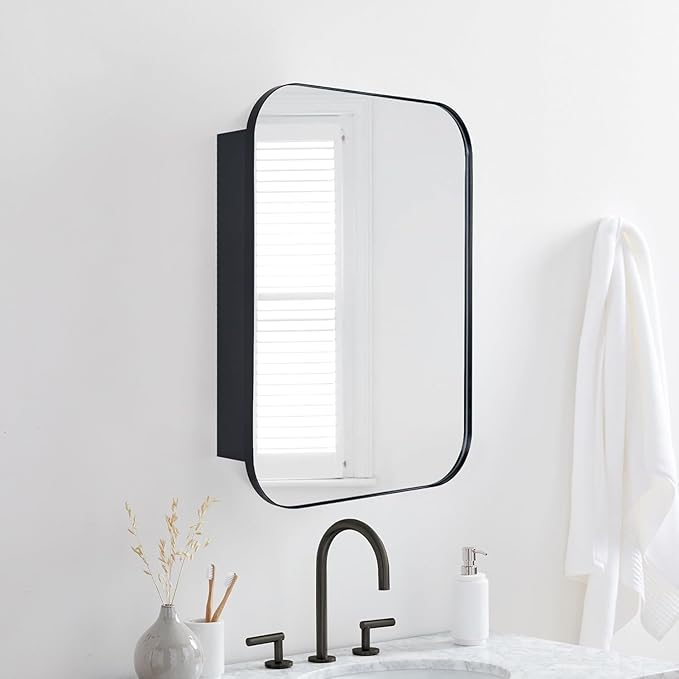 TEHOME Black Rectangle Bathroom Medicine Cabinet with Mirror Matt Black Recessed and Surface Mount Stainless Steel Metal Framed Rounded Rectangular Bathroom Cabinet with Mirror 22x30''
