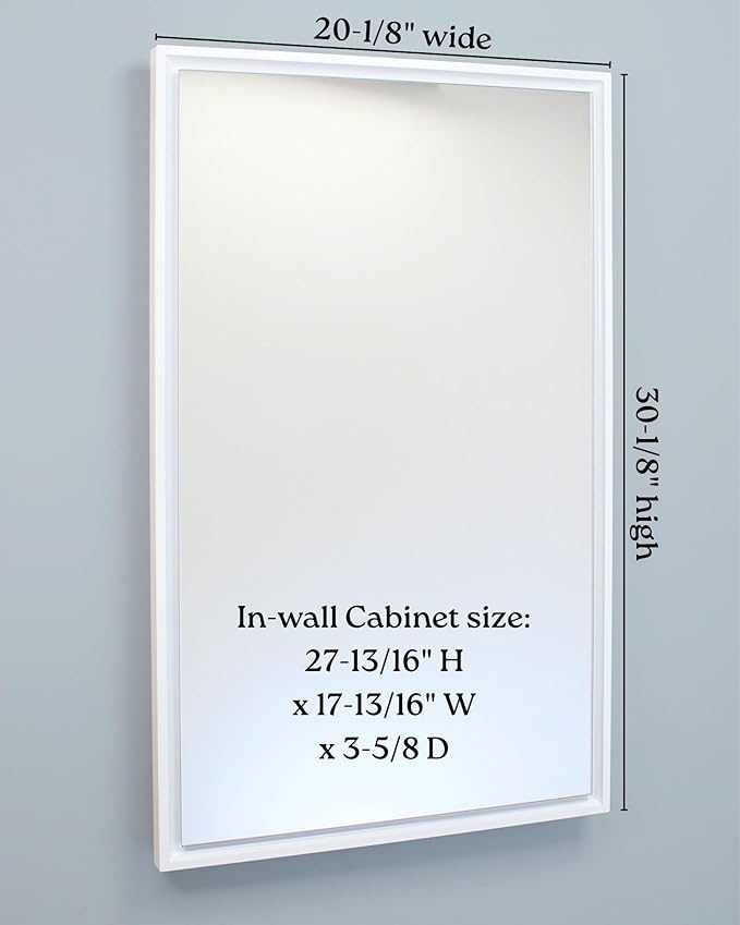 Fox Hollow Furnishings 20x30 Parker Metro Metal Framed Rectangle Recessed Bathroom Medicine Cabinet, Floating Mirror, 18x28 in-Wall Opening, Steel, Adjustable Glass Shelves, Magnet Close, White