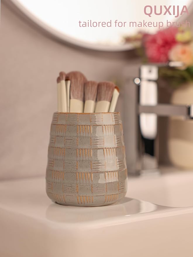 Ceramic Makeup Brush Holders, Bathroom Vanity and Countertop,Make up Brushes Cup for Cosmetics, Lipsticks, Bathroom Vanity Desktop Storage (Vintage Grey)