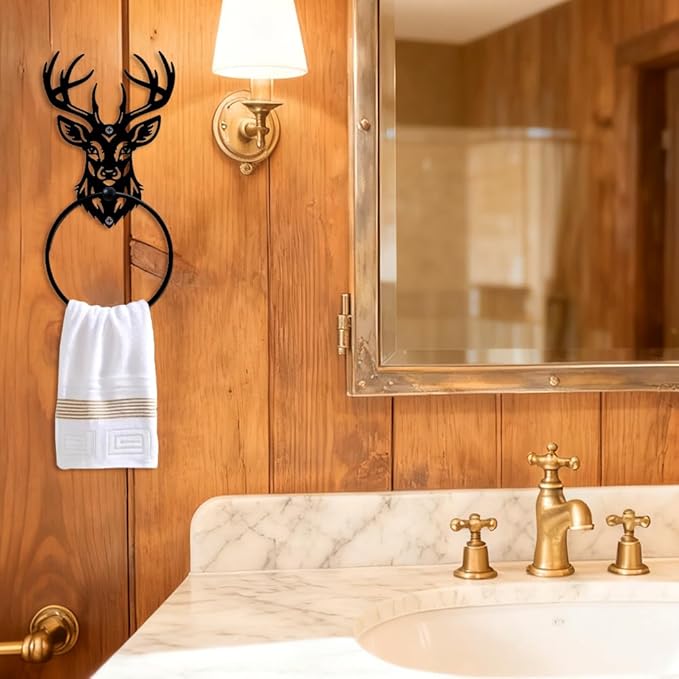 MAYJOYDIY Deer Animal Metal Towel Ring Deer Head Towel Holder Elk Antler Wall Decor Towel Hanger Black Art Custom Towel Rack Wall Mounted for Bathroom Kitchen Home Decors Gift