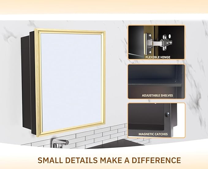 Medicine Cabinet with Mirror Recessed or Surface Mount Farmhouse Style Single Door Mirror Cabinet Square Bathroom Storage, Brushed Gold, 24x24 Inch