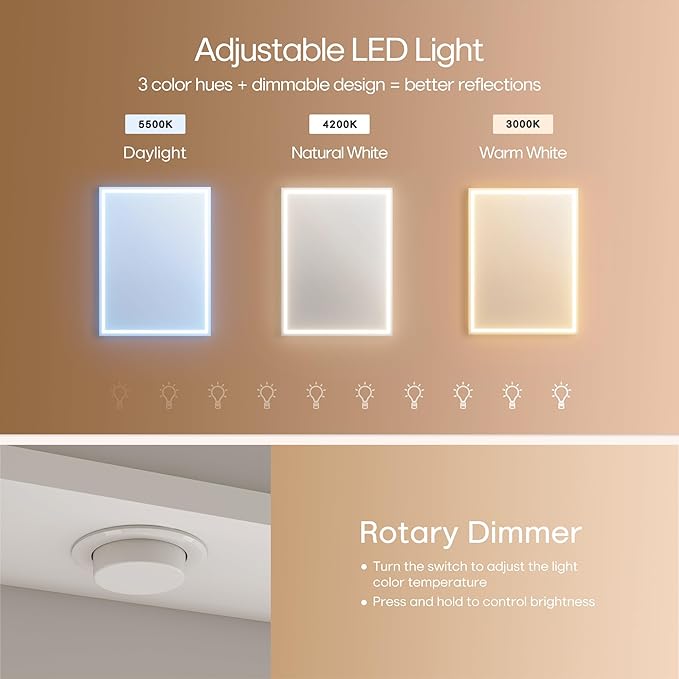 32x24 inch LED Lighted Medicine Cabinet with Mirror, Moisture-Resistant Wood, Stepless Dimmable, 3000K/5500K, Defogger, Adjustable Shelf, Flat-Pack Design – Assembly Required (White)