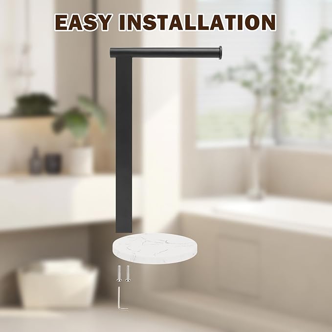 Hand Towel Holder Stand for Bathroom, L- Shaped Standing Hand Towel Rack, Towel Bar Kitchen Vanity Countertop Organizer, SUS304 Stainless Steel Material, Marble Base (Matte Black)