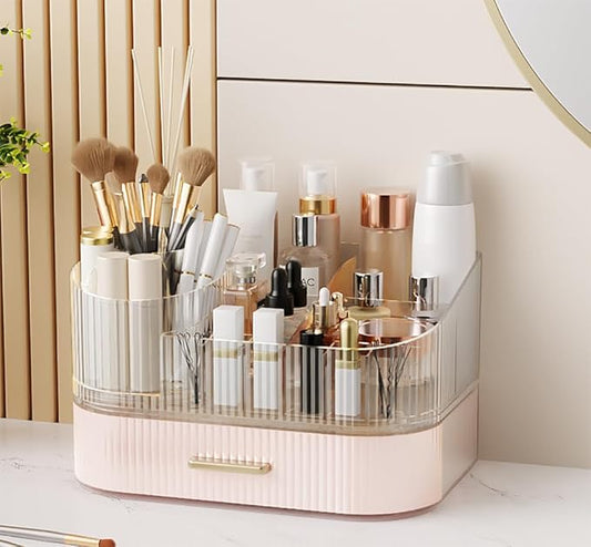 360° Rotating Makeup Organizer with Drawer, Clear Acrylic Cosmetic Storage Display, Stackable Beauty Counter (Pink, Large (Tray + 1 Drawer))