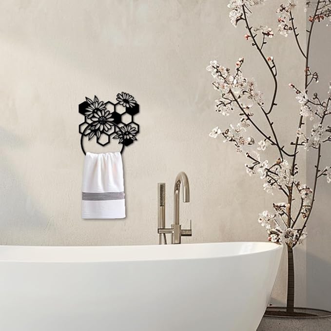 MAYJOYDIY Beehive Flowers Metal Towel Ring Honeycomb Towel Holder for Wall Flowers Leaves Plants Black Art Towel Rack Wall Mounted for Bathroom Garden Kitchen Home Decors Gift