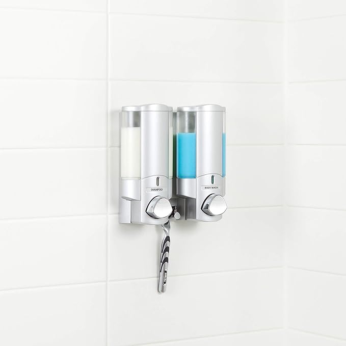 Better Living Aviva Shower Dispenser 2 Chamber, Wall Mount Shower Soap Dispenser for Bathroom Hotel Body Wash, Built-in Hooks, No Drill, Waterproof Shampoo Soap Dispenser, 2 x 11 oz, Satin Silver