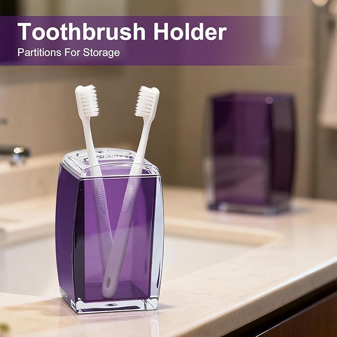 Bathroom Accessories Set Purple Clear Acrylic Bathroom Counter Set with Soap Dispenser, Toothbrush Holder, Tumbler, Soap Dish, Gift for Home Bathroom Decor