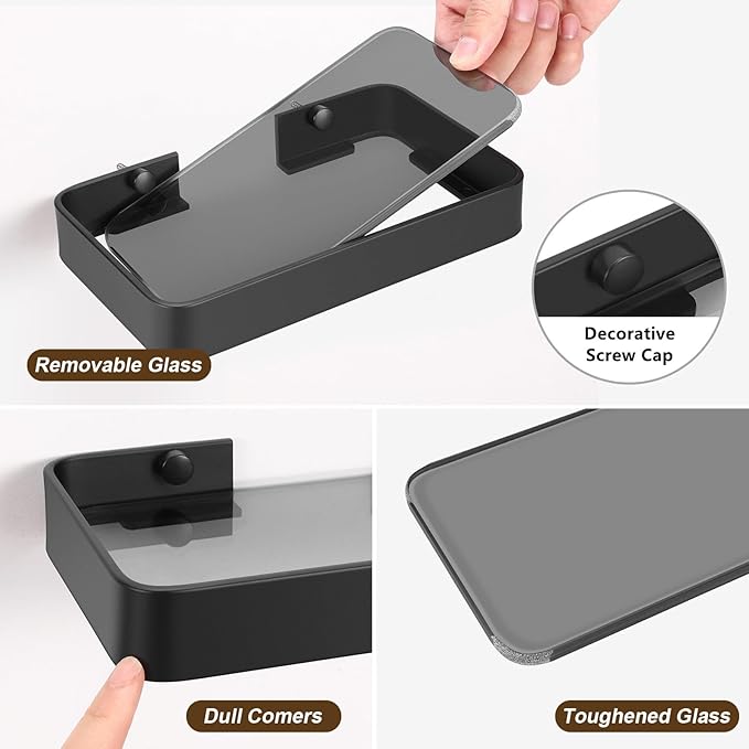 Z metnal Small Glass Bathroom Shelves, Matte Black Floating Shelf, Mini Wall Shelf Organizer, Wall Mounted (Dark Glass, 8 inch/20cm), 1 pcs