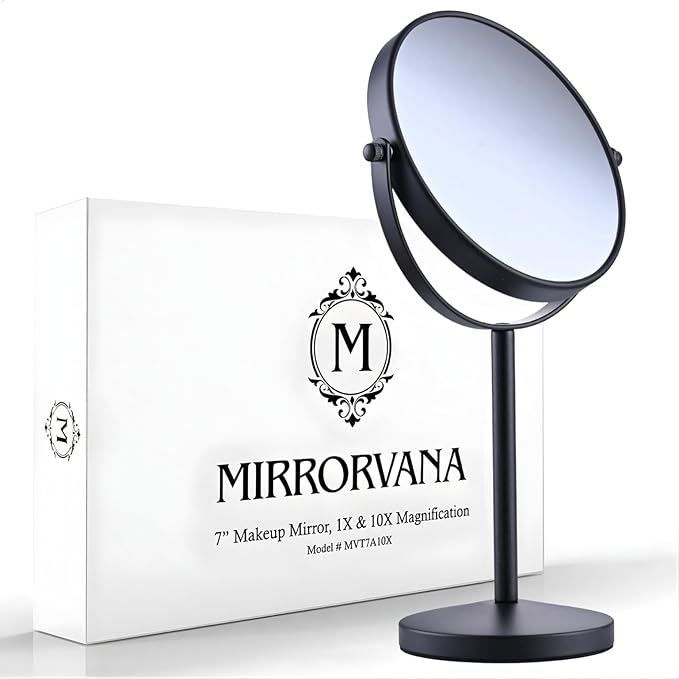 MIRRORVANA 10X Magnifying Makeup Mirror on Round Stand for Tabletop, Bedroom Vanity Desk and Bathroom Counter - Free Standing Double Sided 10X/1X Magnification Mirror - 7" Wide and 14" Tall (Black)
