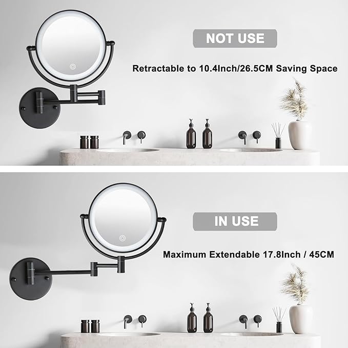 Brass Lighted Wall Mounted Mirror Magnifying 1×10×, 8-Inch Rechargeable Double Sided, Touch Dimmable Extended Arm 360 Rotation Cosmetic Mirror for Bathroom, Matt Black