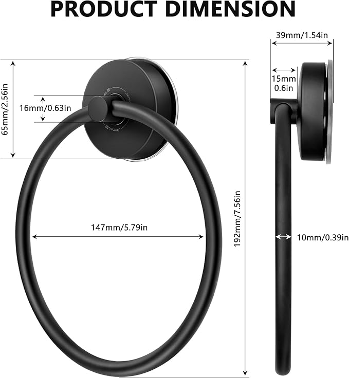JOMOLA Towel Ring Suction Towel Holder for Bathroom Stainless Steel Kitchen Towel Rail Rack Drill Free Bath Towel Holder Bathroom Accessories Matte Black,2 PCS