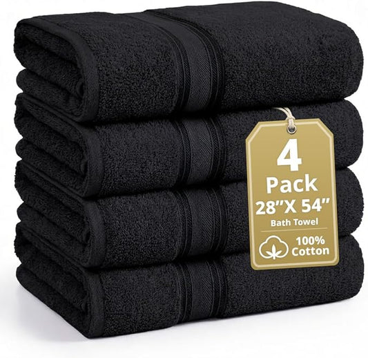 LANE LINEN 100% Cotton Bath Towels 4 Pack (28"x54") - Zero Twist, Mercerized Cotton Large Towel Set for Bathroom - Quick Dry, Soft & Absorbent Large Bath Towel Set - Oeko Tex Certified - Black Towels