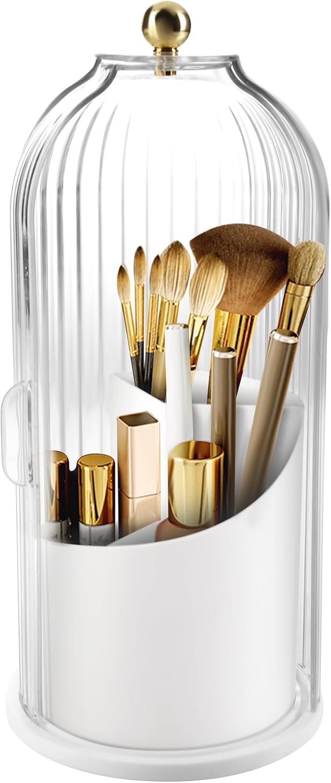 Makeup Brush Holder Organizer, 360 Rotating Makeup Brush Holder, Dustproof Waterproof Material & with 3 Compartments for Organized Storage, Dressing Tables Clear Storage Skincare Cosmetic (White)