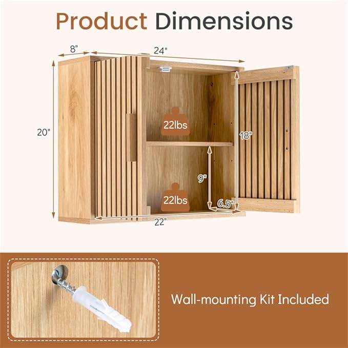 Bathroom Wall Storage Cabinet with Slatted Doors, Natural Engineered Wood, 24x8x20 Inch, Adjustable 3-Level Shelf, Magnetic Catches