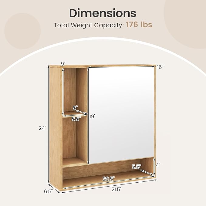 Giantex Bathroom Medicine Cabinet with Mirror, Wall Mounted Medicine Cabinet w/Single Door, 3 Open Shelves & Adjustable Shelf, Space-Saving Hanging Storage Cabinet for Living Room, Hallway (Natural)