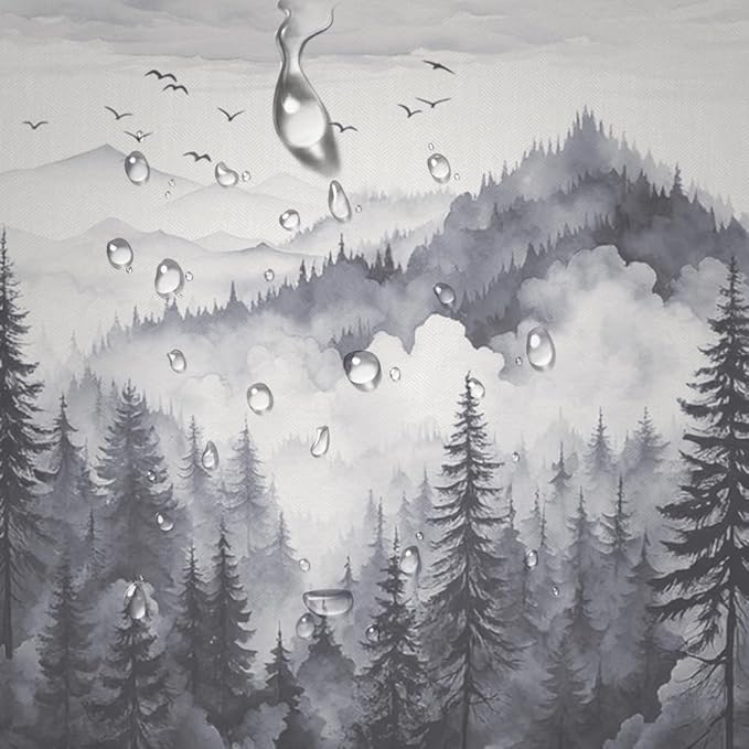 NBVKO 4Pcs Grey Misty Forest Shower Curtain Set with 12 Hooks Non-Slip Rugs,Toilet Lid Cover and Bath Mat,Nature Tree Mountain Bathroom Decor for Hotel & Home Bathroom