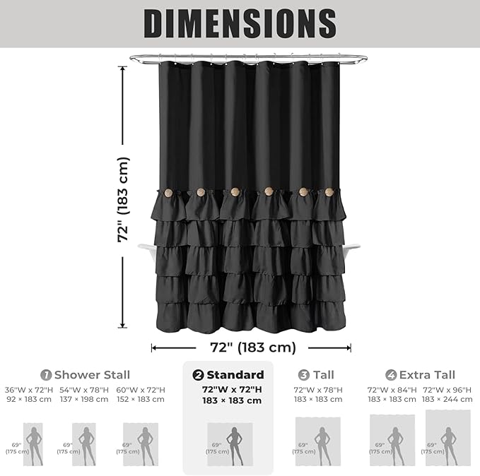 Seasonwood Black Ruffle Shower Curtain Farmhouse Style Black Fabric Shower Curtain Nature Button Shabby Chic Ruffles and French Country Style 72×72