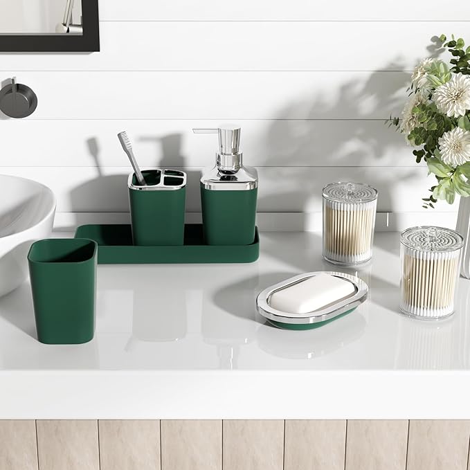 XLHOMO Dark Green Bathroom Accessories Set, Green Bathroom Set with Trash Can, Toothbrush Holder, Toothbrush Cup, Soap Dispenser, Soap Dish, Toilet Brush Holder, 2 Qtip Holder Dispensers and Tray