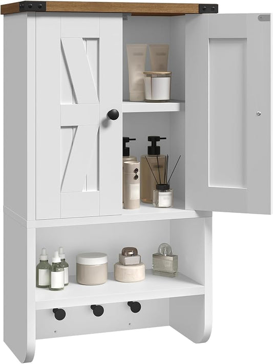 MAHANCRIS Bathroom Wall Cabinet, Farmhouse Medicine Cabinet with Adjustable Shelf, 3-Tier Wall-Mounted Storage Cabinet with 3 Hooks and Open Shelf, for Bathroom, Living Room, Kitchen, White and Walnut