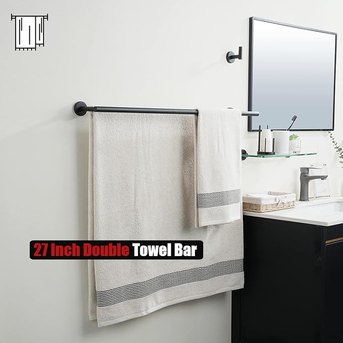 JQK Double Bath Towel Bar, Matte Black 30 Inch 304 Stainless Steel Thicken 0.8mm Towel Rack for Bathroom, Towel Holder Wall Mount, Useable Length 27 Inch, TB100L27-PB