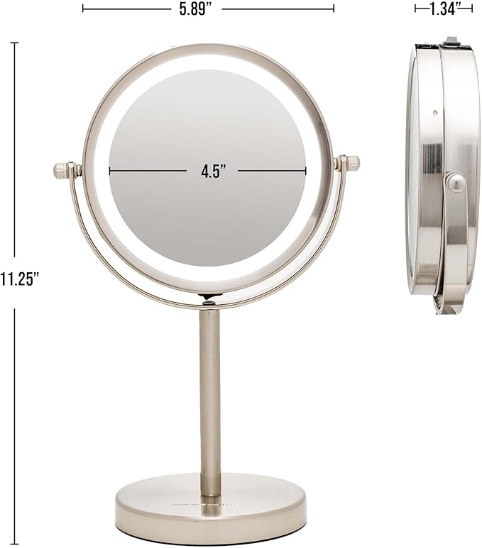 OVENTE Lighted Vanity Mirror 6 Inch Table Top 1X 7X Magnification LED 360 Adjustable Double Sided Spinning Personal Makeup Stand Desk Bathroom Battery Powered Round Large Nickel Brushed MLT60BR1X7X