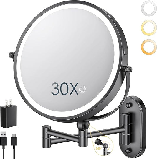 ZLOKLA 9" Wall Mounted Lighted Makeup Mirror,4000mAh Rechargeable Double Sided 1X/30X Magnifying Mirror with Light,Touch Dimmable,Extended Arm 360 Rotation Wall Mounted Makeup Mirror 3 Color Lights