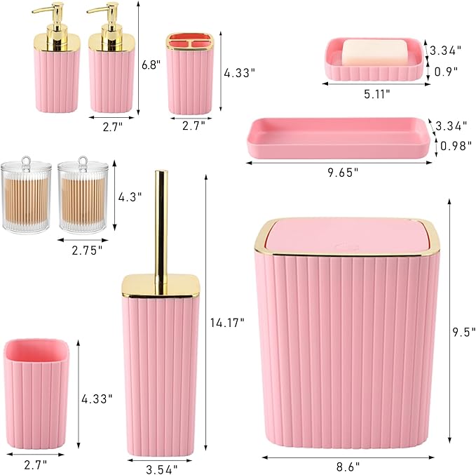 XLHOMO Pink Bathroom Accessories Set - Gorgeous Bathroom Set, 10PC Bathroom Accessory Set, Toilet Brush, Trash Can, Qtip Holder & Soap Dispenser