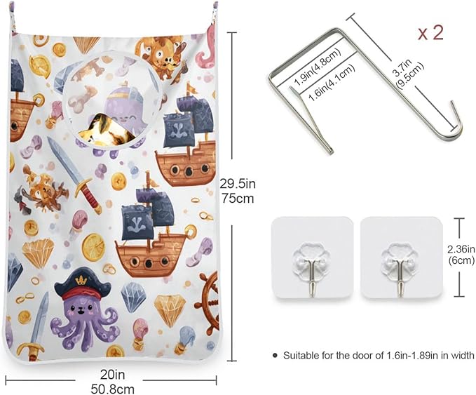 Cute Pirate Octopuses Sailboats Diamonds Hanging Laundry Hamper Door Hampers Bag Basket with Stainless Steel Hooks Oxford Fabric Printing Decorative Clothes Bags 29.5X20inch 2Pack