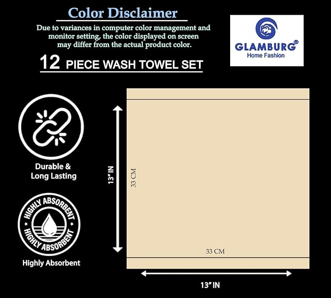GLAMBURG Ultra Soft 12-Piece Washcloths Set 13x13-100% Ringspun Cotton - Durable & Highly Absorbent Face Towels - Ideal for use in Bathroom, Kitchen, Gym, Spa & General Cleaning - Charcoal Grey