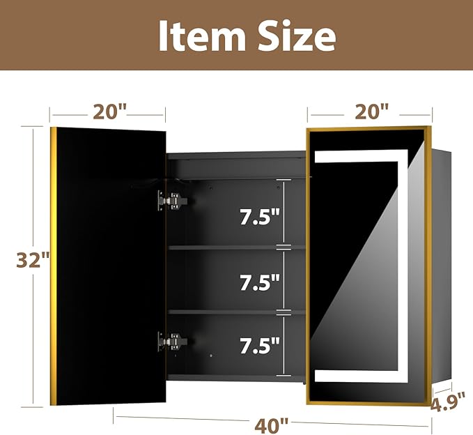LOVMOR Led Medicine Cabinet with Mirror, Bathroom Vanity Mirror Cabinet with Shelves, 3-Color Lights Dimmer, Black 32" H x 40" W
