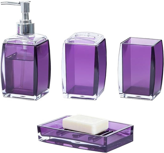 Bathroom Accessories Set Purple Clear Acrylic Bathroom Counter Set with Soap Dispenser, Toothbrush Holder, Tumbler, Soap Dish, Gift for Home Bathroom Decor