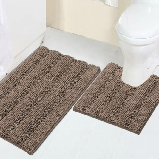 Turquoize Chenille Bathroom Rugs Set Non-Slip Bath Mats for Bathroom Super Absorbent Shaggy Rugs for Tub Shower Toilet Bath Rug Plus U Contour Rug (Standard: 20" x 32" and 20" x 20" U), Taupe Brown