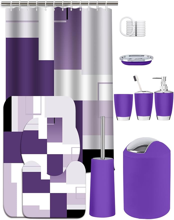 Lnond Purple Bathroom Set, 22-Piece Purple Geometic Bathroom Decor Set with with Shower Curtain and Rugs, Trash Can, Toilet Brush Holder Set & Soap Dispenser