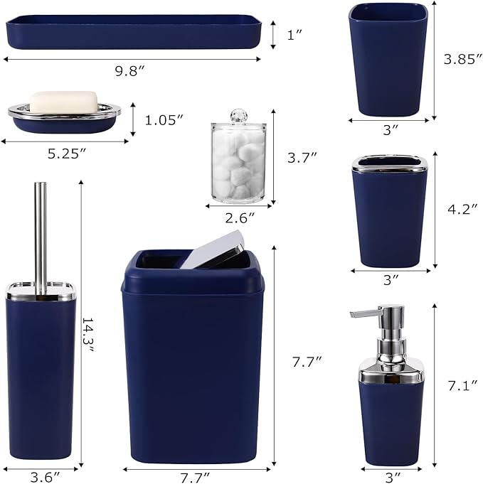 XLHOMO Navy Blue Bathroom Accessories Set, 9-Piece Plastic Gift Set with Trash Can, Toothbrush Holder, Toothbrush Cup, Soap Dispenser, Soap Dish, Toilet Brush Holder,2 Qtip Holder Dispensers and Tray