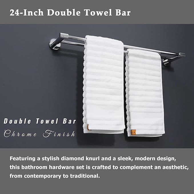 24-Inch Double Towel Bar,304 Stainless Steel, Chrome Finish & Stylish Knurled for Home, Hotel,& Apartment, Upgrade to a Premium Modern Bathroom
