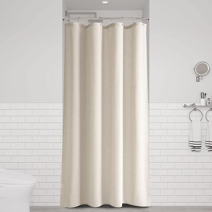 Naturoom 48 Inch Shower Curtain - Stall Narrow Half Green Linen Ultra Thick Fabric Shower Curtains Set with Hooks, Boho Farmhouse Rustic RV Camper Bath Curtains for Bathroom, Light Tan, 48x72