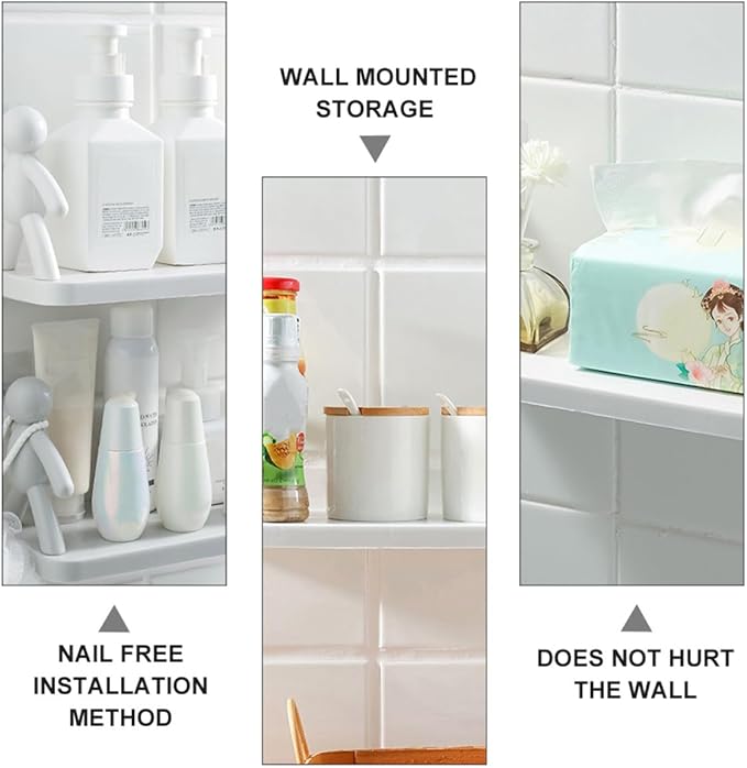 2pcs Wall-Mounted Humanoid Guardrail Storage Shelf Multi-Functional Kitchen and Bathroom Organizer Rack Floating Vanity Shelf for Toiletries and Seasoning Bottles White Gray